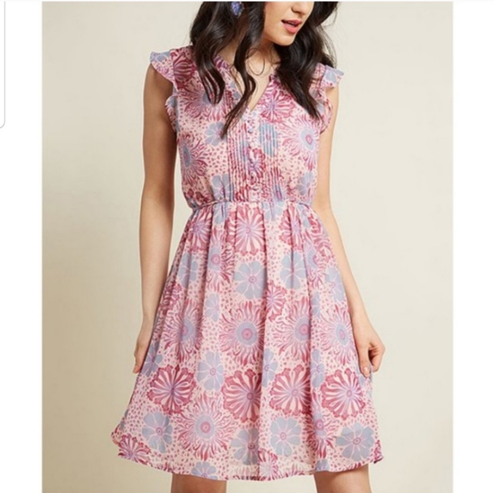 Modcloth Expert In Your Zeal A Line Dress Floral Semi-Sheer Two Piece Pintuck 2X